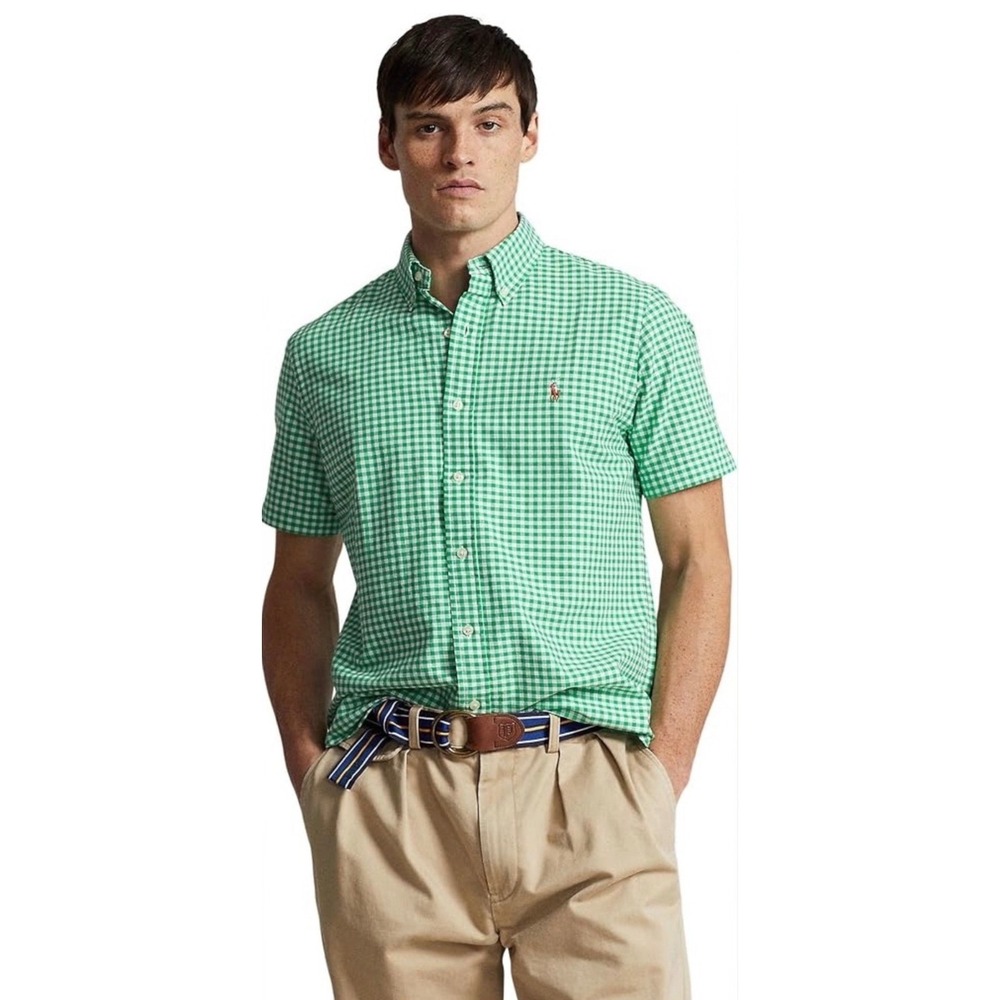 Polo Ralph Lauren Classic Fit Gingham Oxford Short Sleeve Shirt Green Pink Polo